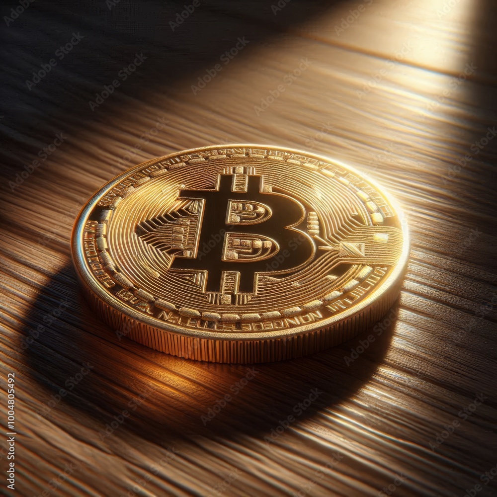 Poster a detailed image of a gold bitcoin coin resting on a wooden surface, illuminated by soft light. the 