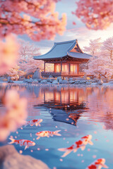 Obraz premium A serene Japanese garden with a traditional wooden structure, a koi pond, and cherry blossoms in full bloom.