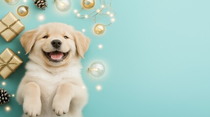 A joyful Golden Retriever puppy lies on a blue backdrop surrounded by golden gift boxes, shiny baubles, and pine cones. Christmas and New Year festive concept with copy space.	