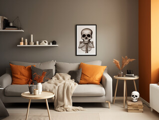 Scandinavian minimalist interior in light color with orange and black accents. Room decorated for halloween. Grey walls and orange interior with pumpkin accent.