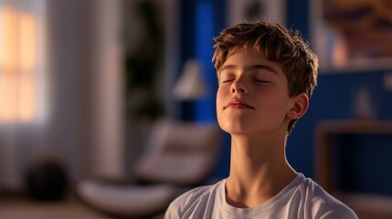 Peaceful boy with closed eyes enjoying calm moment indoors, child relaxation, mindfulness practice, meditation, serene lifestyle and emotional balance concept portrait.