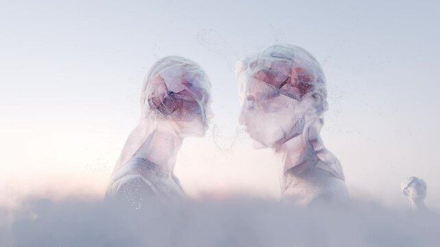 Metaphorical dialogue and exchange of thoughts. Two crystal heads in the clouds are talking to each other