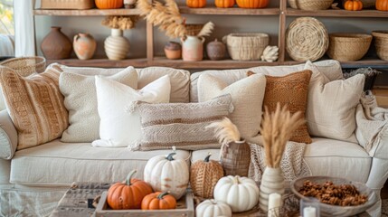 A wooden coffee table showcases a beautiful fall centerpiece with white and orange pumpkins, rustic candles, pinecones, and wheat stalks, adding to the cozy seasonal atmosphere