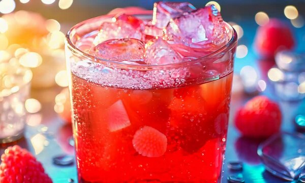 Sparkling red water soda with ice cubes. Summer iced drink, homemade summer drink. Video