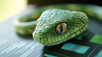Fototapeta premium Close-up of a green snake with detailed scales on a digital background.