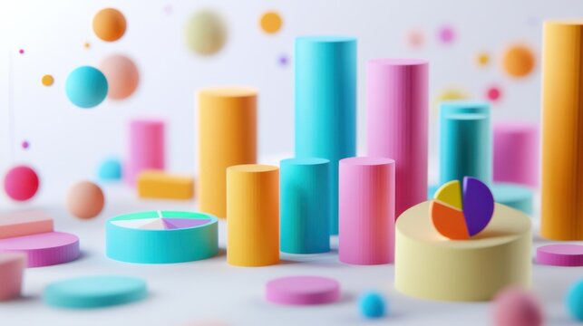 3D render of a colorful bar charts and pie graphs representing statistical data analysis and business metrics