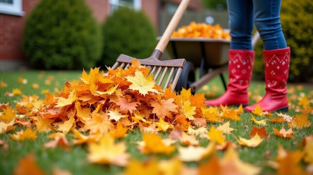 A person in red boots rakes a pile of vibrant orange and yellow autumn leaves into a wheelbarrow in a garden, preparing for fall cleanup. - Powered by Adobe