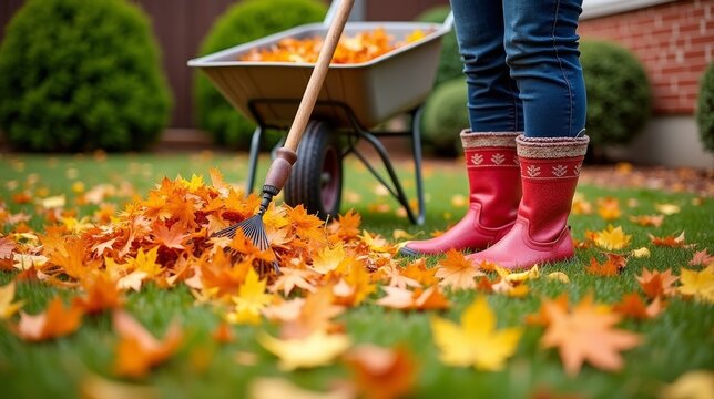 A person in red boots rakes a pile of vibrant orange and yellow autumn leaves into a wheelbarrow in a garden, preparing for fall cleanup. - Powered by Adobe