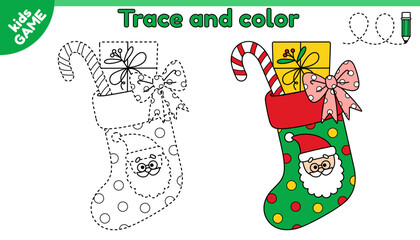 Kids educational game Tracing lines. Cartoon Christmas stocking with gift, lollipop. Trace and color. Handwriting practice worksheet for children. Writing and coloring page. Holiday Xmas sock. Vector.