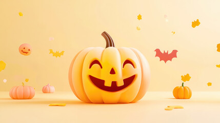Joyful 3D pumpkin displaying a friendly smile, dressed in pastel shades, hovering on a light pastel yellow background adorned with charming Halloween symbols.