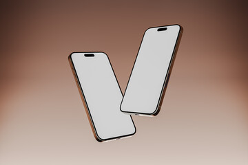 Two floating phones with white screen mock up, 3d render