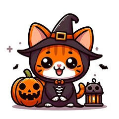 Cute flat-style illustration of a Halloween cat wearing a witch hat. Perfect for kid-friendly Halloween designs, festive decorations, and fun seasonal content. Playful and charming composition.