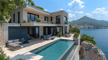 Fototapeta premium A spacious coastal villa features an infinity pool, surrounded by seating areas and palm trees, offering breathtaking views of the Adriatic Sea