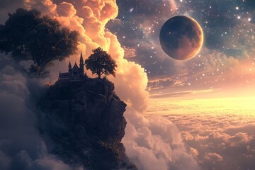 A mesmerizing magical fantasy world where humans and mystical creatures coexist, captured in stunning realism. This hidden, mythical location brings to life a sense of wonder and mystery, evoking awe 