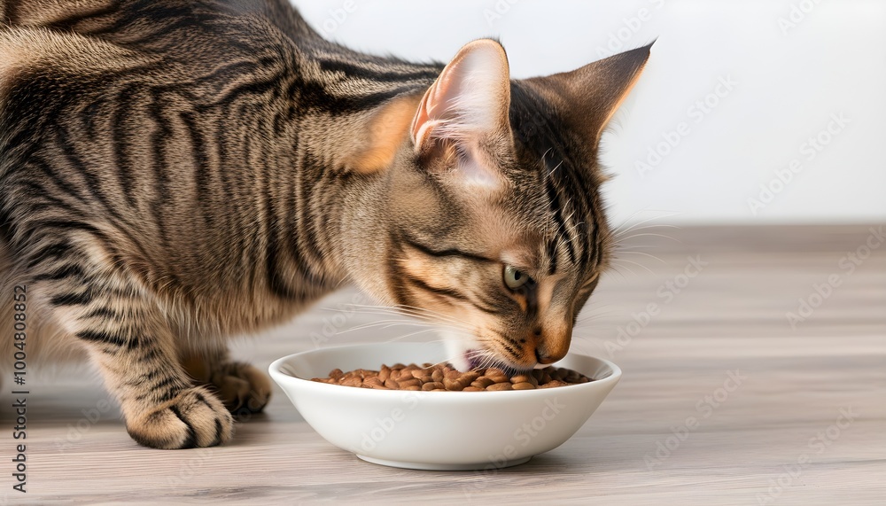 Wall mural Tabby cat focused on enjoying a meal from its bowl on a rustic wooden table