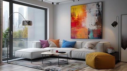 Contemporary living room with soft cushions, abstract paintings, and modern furniture
