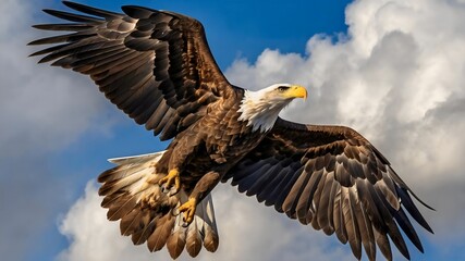 Fototapeta premium Majestic Bald Eagle Soaring Against Dramatic Cloudy Sky
