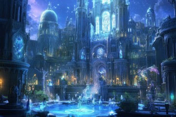 Obraz premium A mesmerizing magical fantasy world where humans and mystical creatures coexist, captured in stunning realism. This hidden, mythical location brings to life a sense of wonder and mystery, evoking awe 