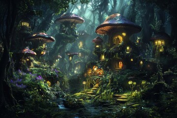 A mesmerizing magical fantasy world where humans and mystical creatures coexist, captured in stunning realism. This hidden, mythical location brings to life a sense of wonder and mystery, evoking awe 