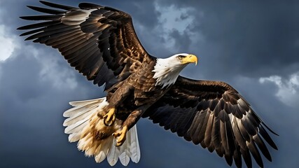 Obraz premium Majestic Bald Eagle Soaring Through Dramatic Cloudy Sky Natural Wildlife Photography