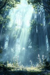 Obraz premium A mesmerizing magical fantasy world where humans and mystical creatures coexist, captured in stunning realism. This hidden, mythical location brings to life a sense of wonder and mystery, evoking awe 