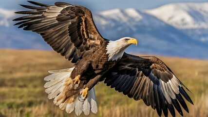 Obraz premium Majestic Bald Eagle Soaring Over Scenic Mountainside Landscape