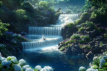 A mesmerizing magical fantasy world where humans and mystical creatures coexist, captured in stunning realism. This hidden, mythical location brings to life a sense of wonder and mystery, evoking awe 