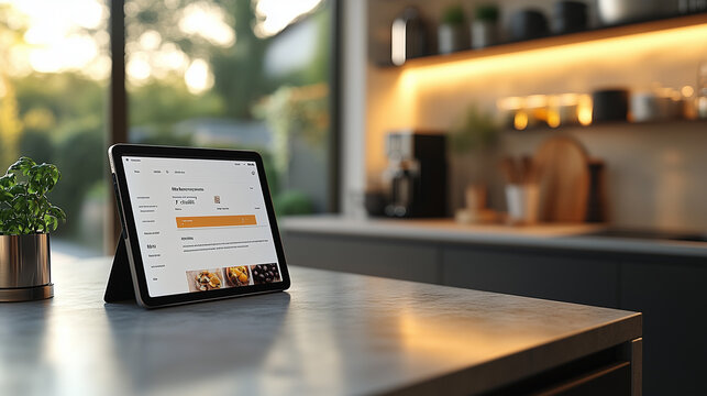 Sleek tablet displaying food delivery app interface against blurred modern kitchen background - Powered by Adobe