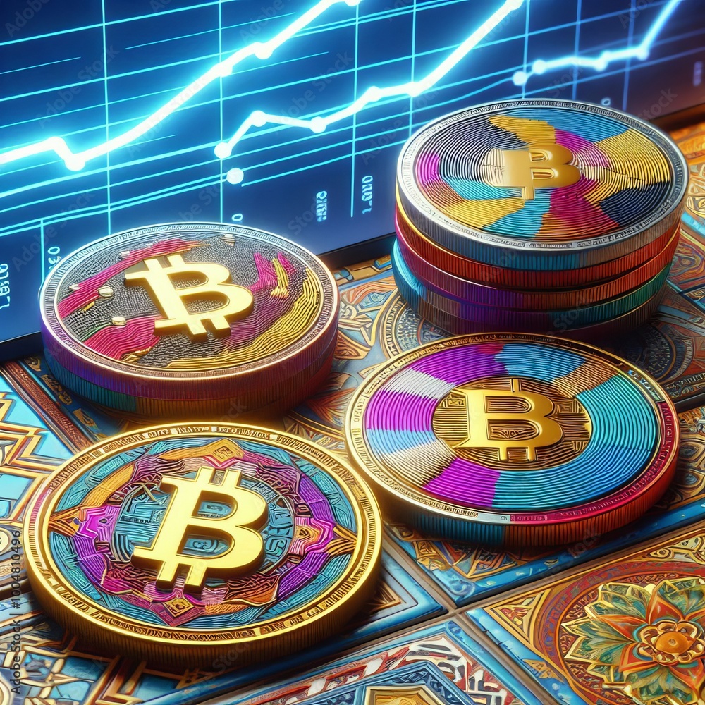 Poster close-up of vibrant bitcoin coins placed on a decorative surface, accompanied by a digital data char