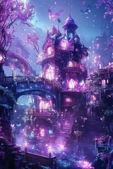 Obraz premium A mesmerizing magical fantasy world where humans and mystical creatures coexist, captured in stunning realism. This hidden, mythical location brings to life a sense of wonder and mystery, evoking awe 