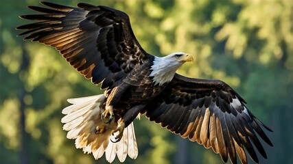 Obraz premium Majestic Bald Eagle Soaring Through Lush Green Forest Captured Wildlife Photography