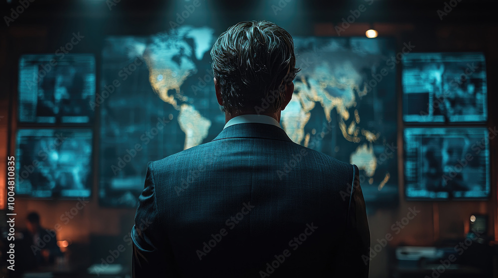 Poster a professional observes interactive world maps and data charts in a modern office as colleagues work