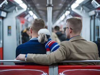 Pareja de dos hombres que viajan en el metro con su perro
