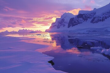 Polar sunset over icy waters and snow-covered mountains
