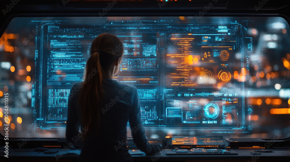 Poster a woman stands focused, analyzing complex data displayed on a glowing digital interface in a modern 