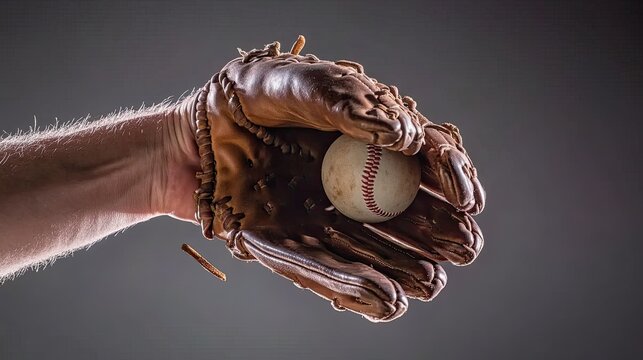 A close-up of a hand wearing a brown leather baseball glove catching a baseball.