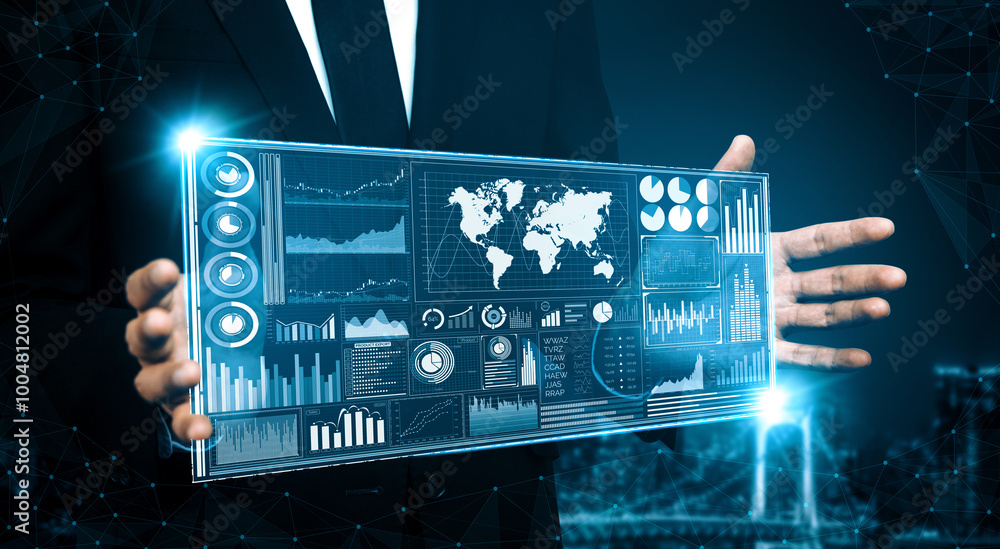 Poster data analysis for business and finance concept. interface showing future computer technology of prof