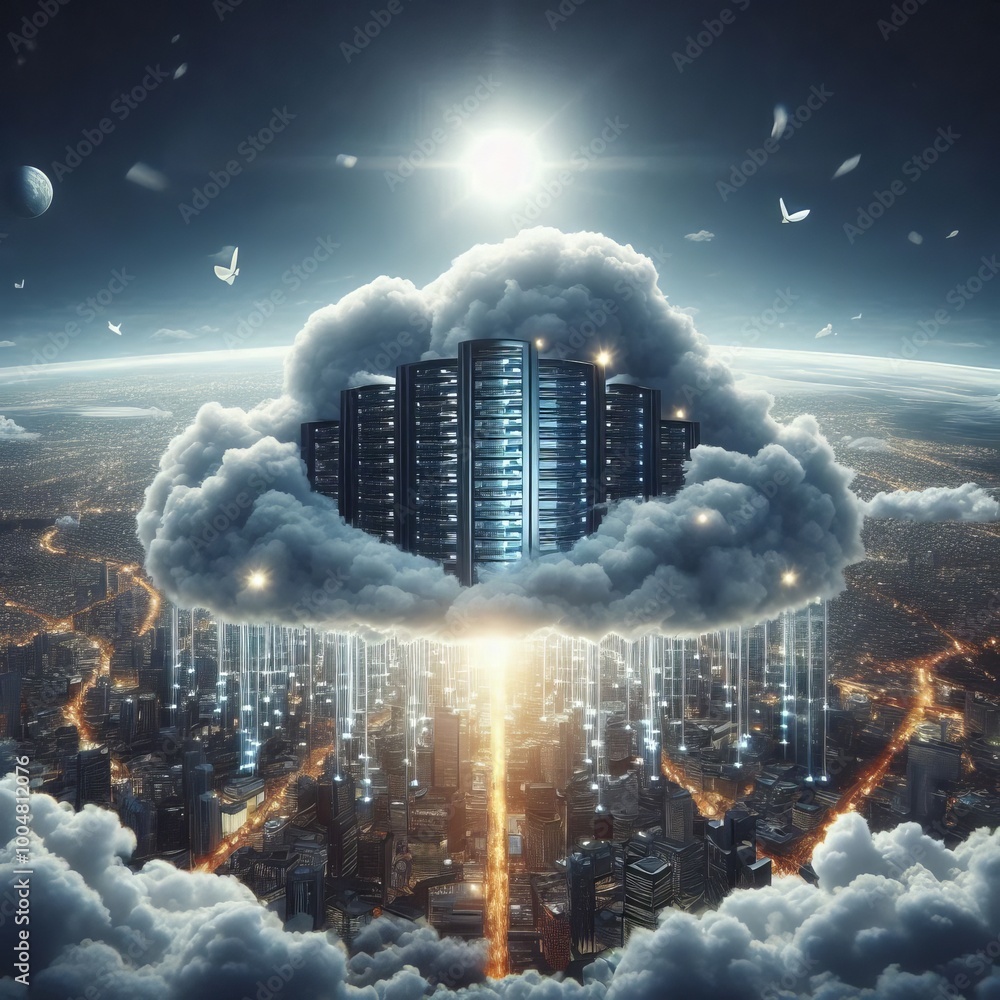Poster a surreal digital art piece showcasing a cloud-shaped data center floating above a city. the illumin