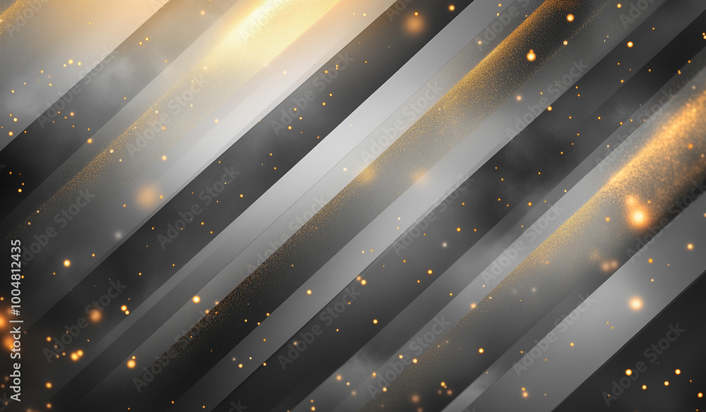 Poster dynamic diagonal lines in black and gray create a modern background, complemented by sparkling gold 