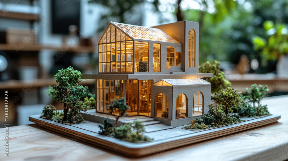 Poster a modern house model showcases intricate design features and is surrounded by miniature trees on a s