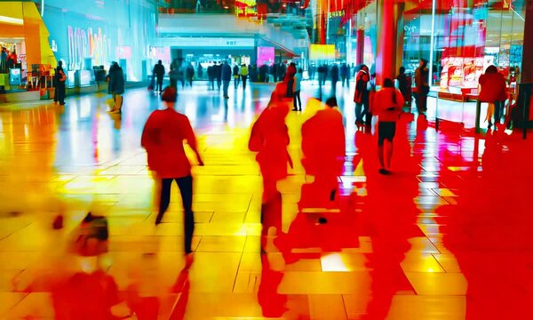 Vibrant heatmap showing human foot traffic in a busy shopping mall, with bright reds and yellows highlighting the most crowded spots. . Video
