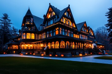 A spooky Halloween haunted hotel, with flickering lights in the windows, eerie decorations, and ghostly figures moving inside the building