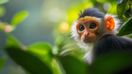 Obraz premium Exquisite Portrait of the Rare Red-Shanked Douc Langur: Vietnam's Endemic and Endangered Primate Thriving in the Lush Tropical Forests of Danang