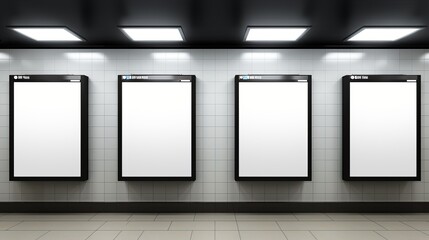 Empty advertising boards in a modern subway station waiting for new advertisements in the city