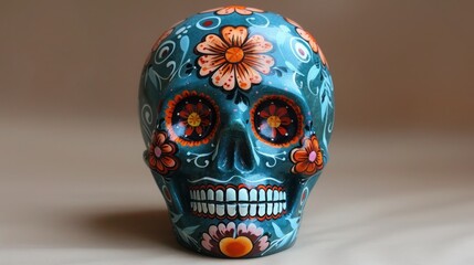 Vibrant Hand-Painted Mexican Day of the Dead Sugar Skull. Traditional Folk Art with Colorful Patterns Celebrating Dia de los Muertos Culture
