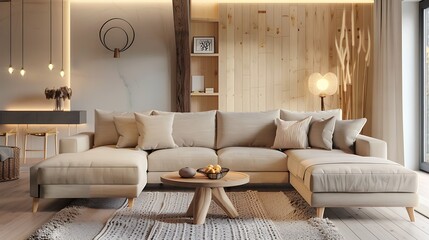 Cozy modern living room with a beige sectional couch, wooden accents, and ambient lighting