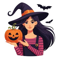 Flat-style illustration of a woman joyfully holding a Halloween pumpkin. Perfect for Halloween-themed content, festive decorations, and seasonal designs. Simple and cheerful composition