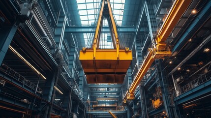 Fototapeta premium Heavy machinery operates in a large industrial facility during daylight, showcasing advanced lifting capabilities and structural design