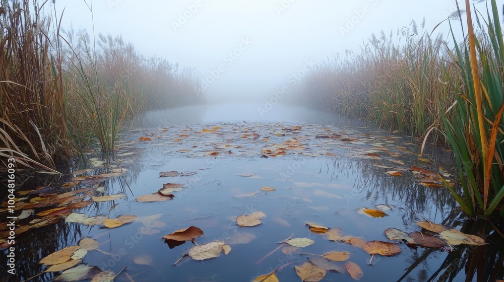 Poster a peaceful marsh landscape features fog enveloping tall grasses and floating leaves on calm waters. 