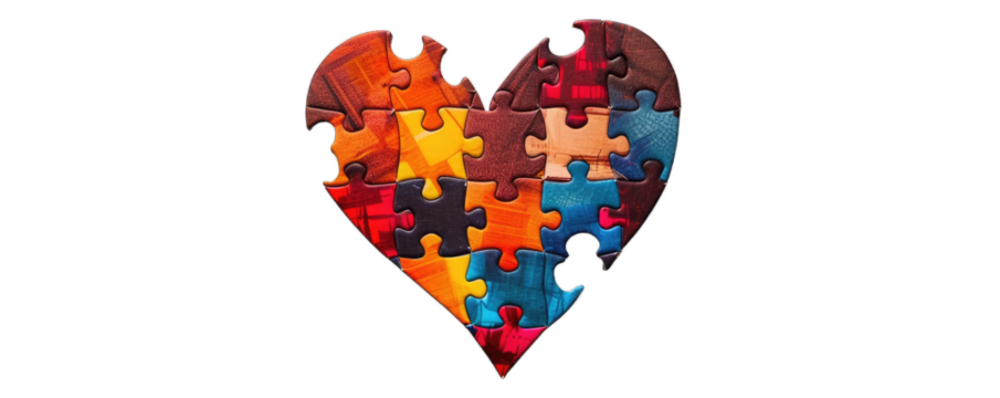 A heart shape formed from colorful jigsaw puzzle pieces, symbolizing love, unity, and collaboration.